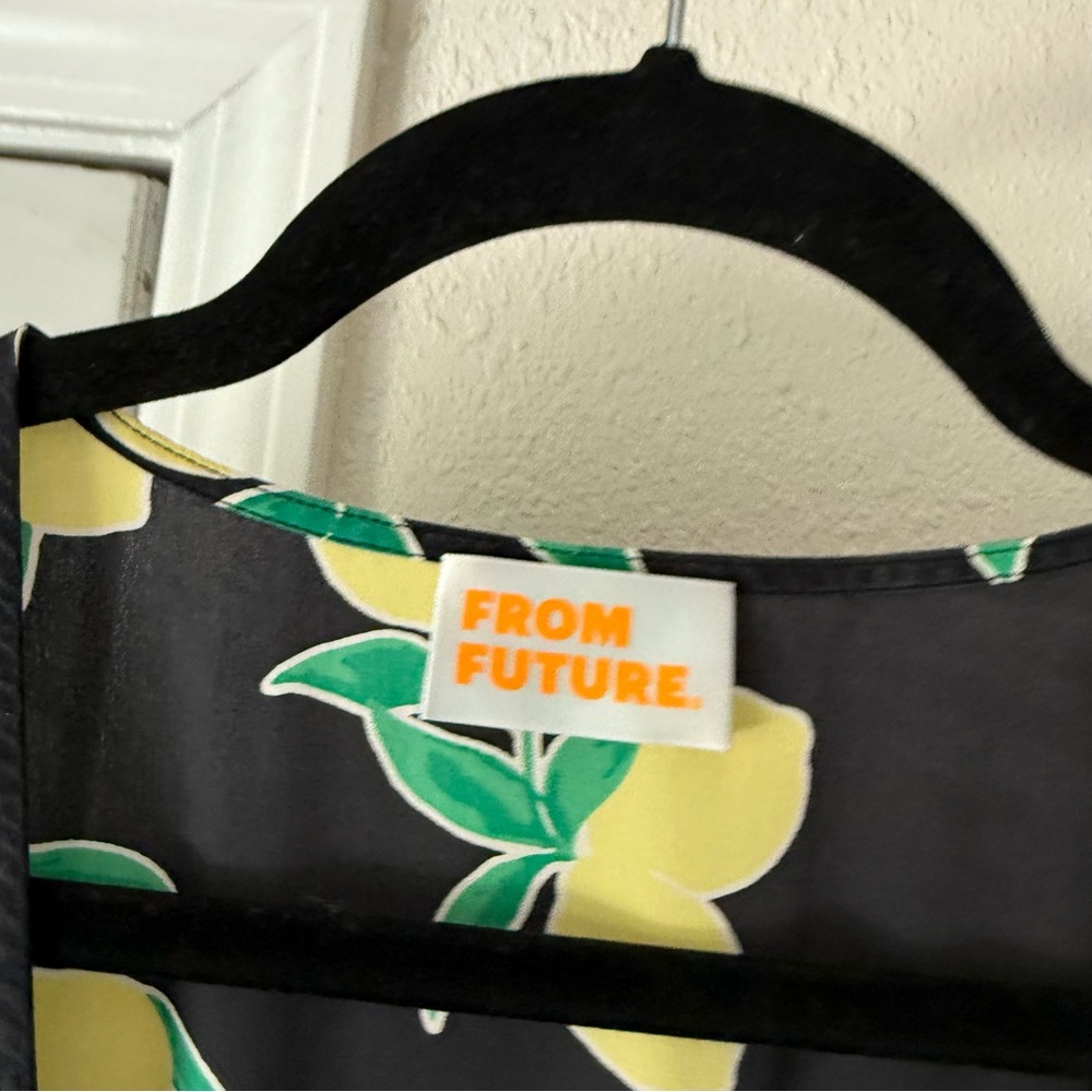 FROM‎ FUTURE black lemon fruit print silk short sleeve midi wrap dress - Picture 6 of 7
